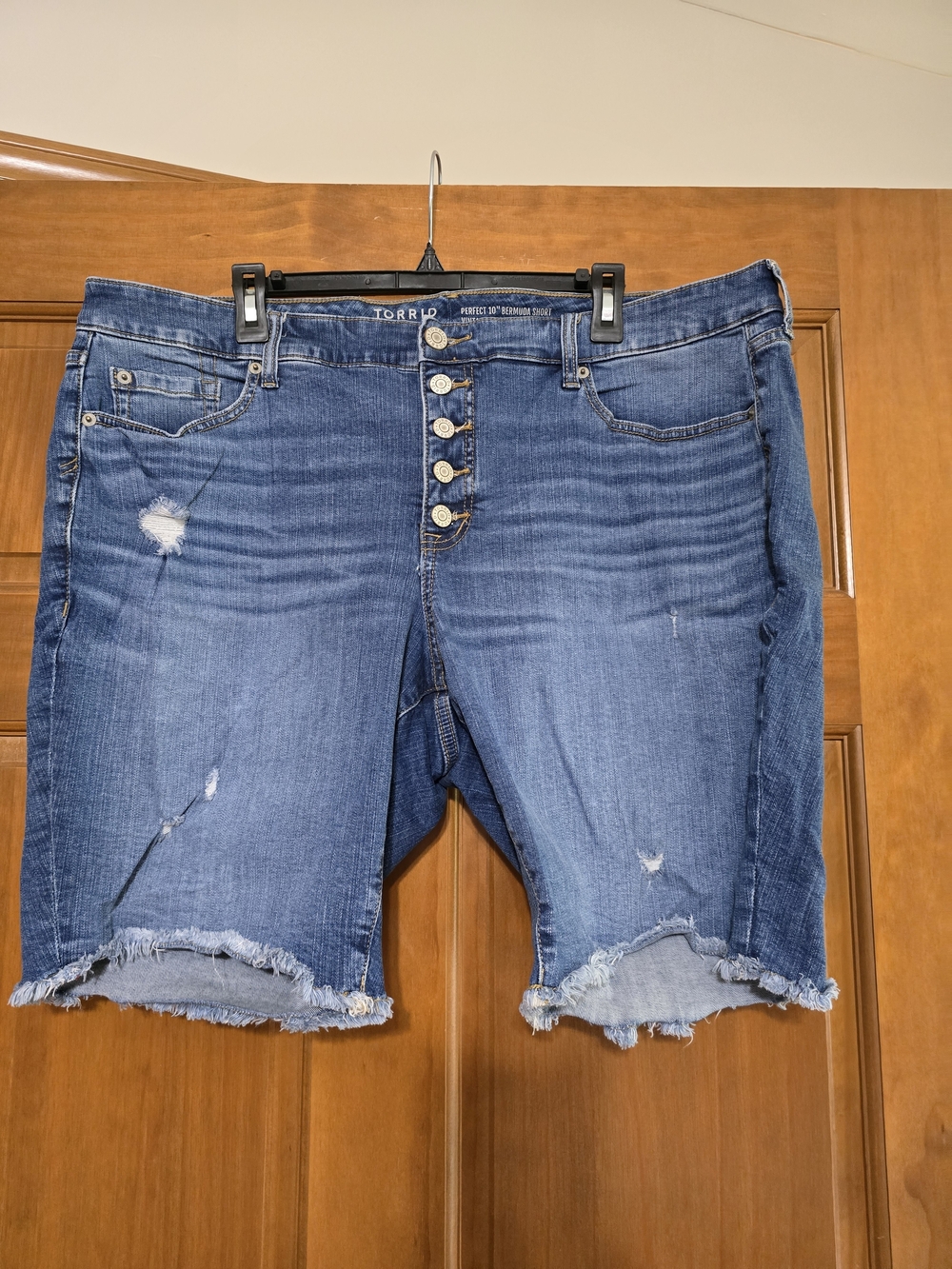 Torrid Medium Blue Distressed High-Rise Button-Fly Denim Bermudas